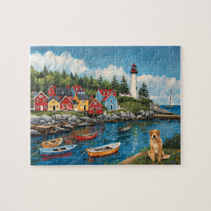 Maritiem dorpsvuurtoren en gouden retriever legpuzzel