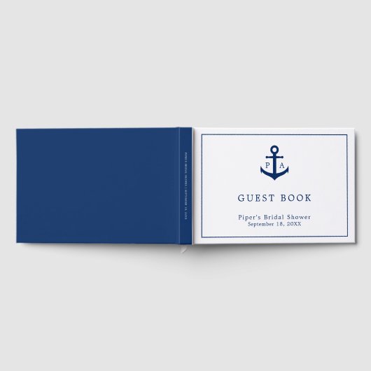 Maritiem Navy Blauwe Anker Monogram Bruidsdouche Gastenboek (Volledig)