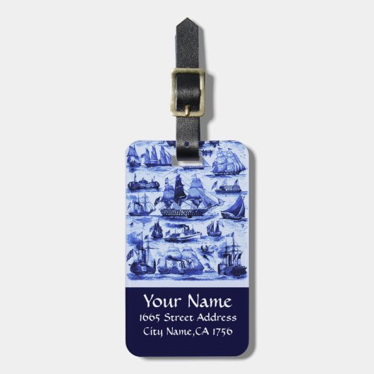 MARITIEM, OUDE SCHEPEN, ZEILSCHEPEN, Marineblauw Bagagelabel (Voorkant verticaal)