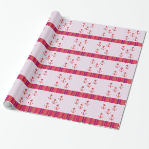 Maritiem Roze Ankers en Strepen Cadeaupapier