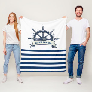 Maritiem, Stuurwiel, Marineblauw Witte Strepen Fleece Deken