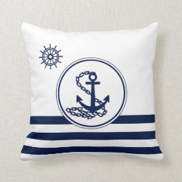 Maritiem Wit en Blauw, Anker en Scheepsstuurwiel Kussen