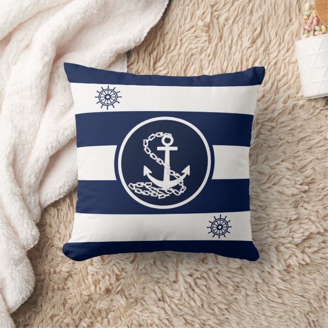 Maritiem wit en blauw, anker en scheepswiel kussen (Deken)