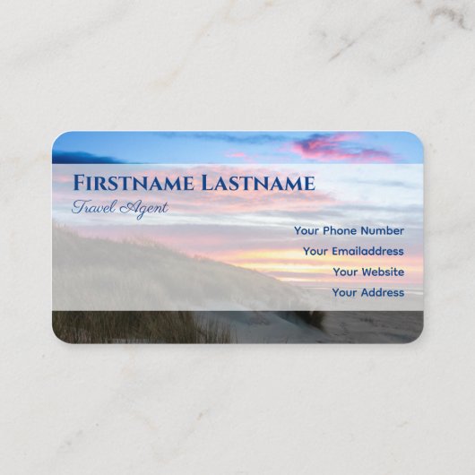 Maritiem zand duin strand zonsondergang reisagent  visitekaartje (Achterkant)