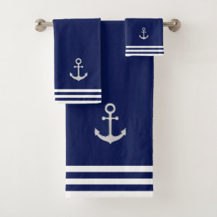 Maritiem zilveren anker en strepen op marineblauw bad handdoek
