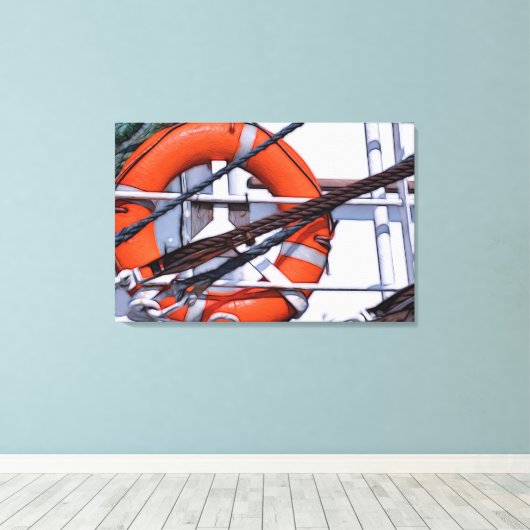 Maritieme motieven. Reddingsboei op de boot Canvas Afdruk (Insitu (Houten vloer))
