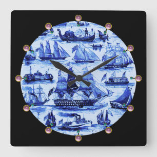 MARITIME,VINTAGE SHIPS,SAILING VESSELS,Navy Blue Vierkante Klok