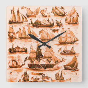 MARITIME,VINTAGE SHIPS,SAILING VESSELS,Sepia Brown Vierkante Klok