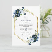 marjoen en lichtblauwe geometrische trouwuitnodigi kaart (Staand voorkant)