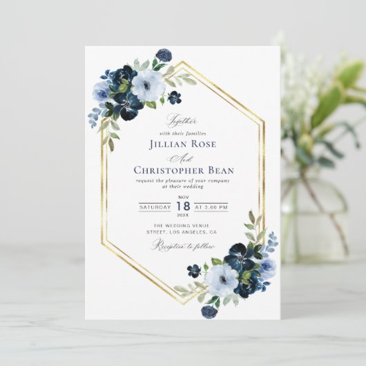 marjoen en lichtblauwe geometrische trouwuitnodigi kaart (Staand voorkant)