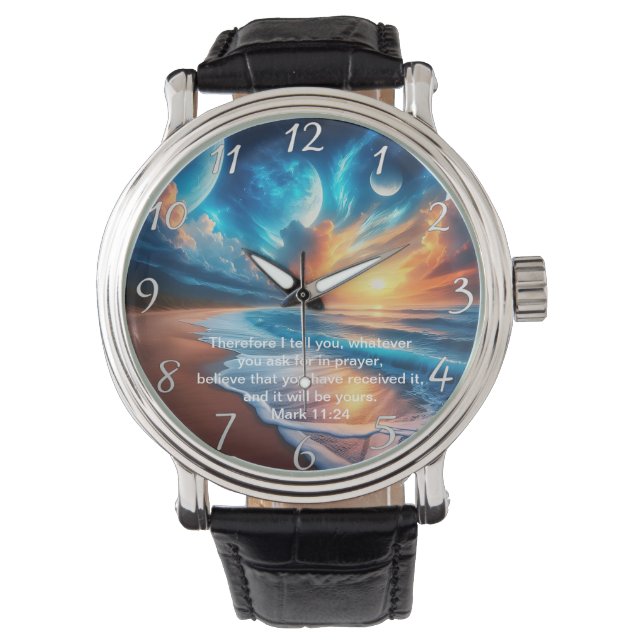 Mark 11:24 Cross Sunset Ocean Calm Horloge (Voorkant)