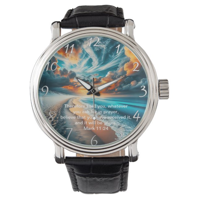 Mark 11:24 Cross Sunset Ocean Faith Horloge (Voorkant)