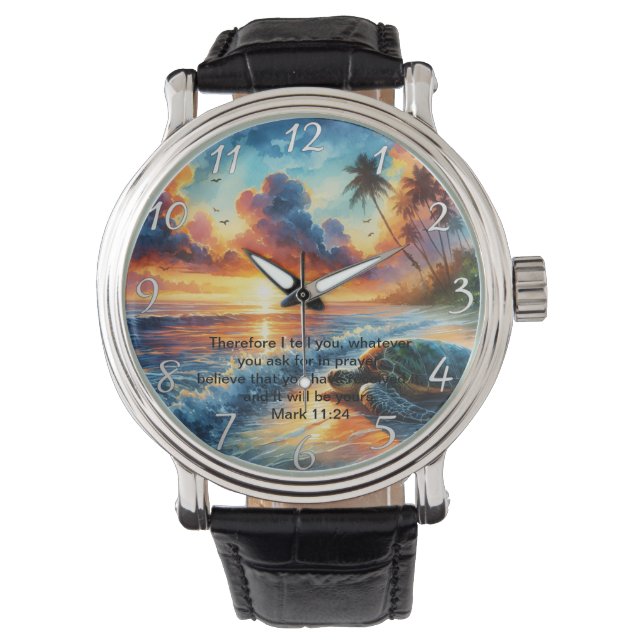Mark 11:24 Faithful Sunset Cross Reflection Horloge (Voorkant)