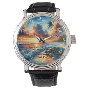 Mark 11:24 Getrouwe Zonsondergang Kruis Reflectie Horloge