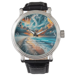 Mark 11:24 Kruis Zonsondergang Oceaan Geloven Horloge