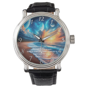Mark 11:24 Kruis Zonsondergang Oceaan Kalme Horloge