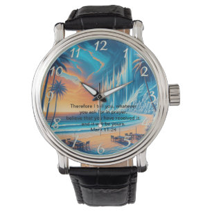 Mark 11:24 Vreedzame Kruis Zonsondergang Reflectie Horloge