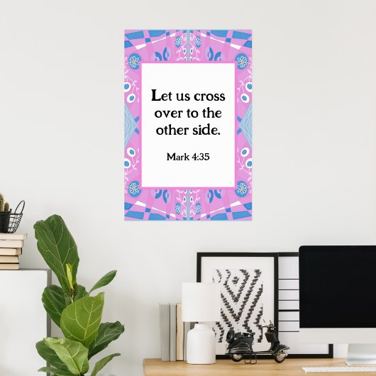 Mark 4:35 Bohemian Chintz Illustratie Roze Blauw Poster (Thuiskantoor)