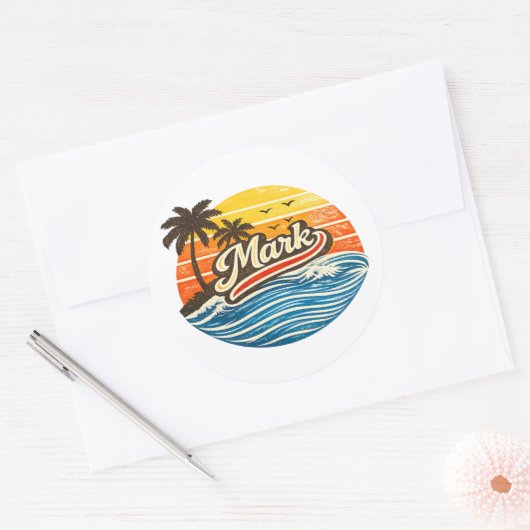 Mark Retro Sunset Name Design Ronde Sticker (Envelop)