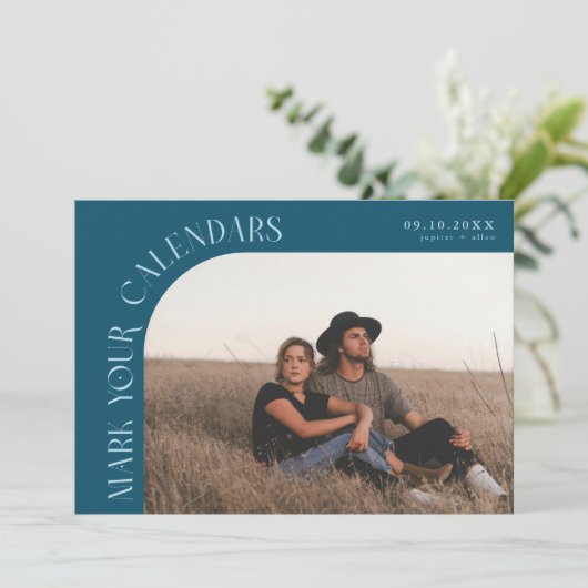 Mark Your Calendars Teal Curved Frame Photo Save The Date (Staand voorkant)