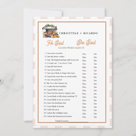 Market  He said she said Bridal shower game card Aankondiging (Voorkant)