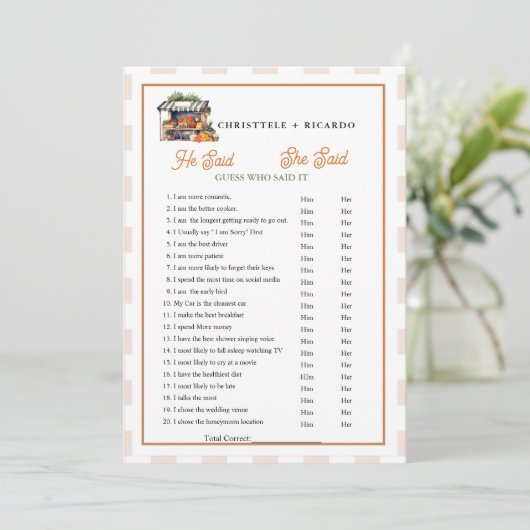 Market  He said she said Bridal shower game card Aankondiging (Staand voorkant)
