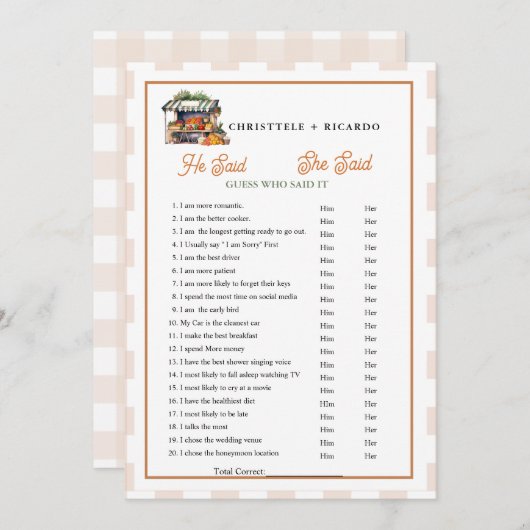 Market  He said she said Bridal shower game card Aankondiging (Voorkant / Achterkant)