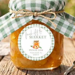 Market Sage Gingham Bruiloft Feest Peach Jam Ronde Sticker