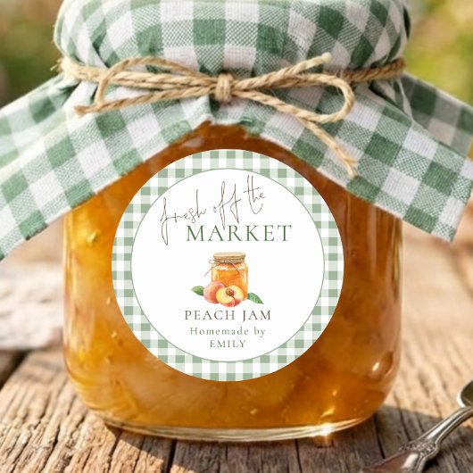 Market Sage Gingham Bruiloft Feest Peach Jam Ronde Sticker