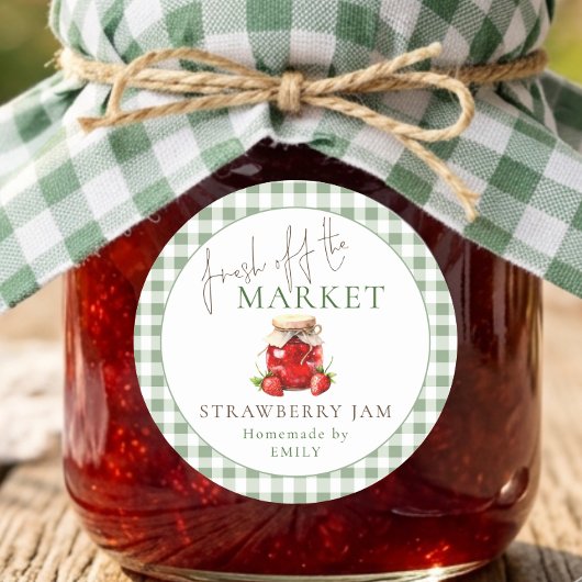 Market Sage Gingham Bruiloftsdiner Aardbeienjam Ronde Sticker