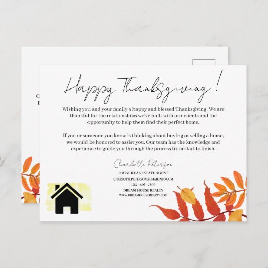 Marketing van de Thanksgiving van Real Estate Real Feestdagenkaart (Voorkant / Achterkant)