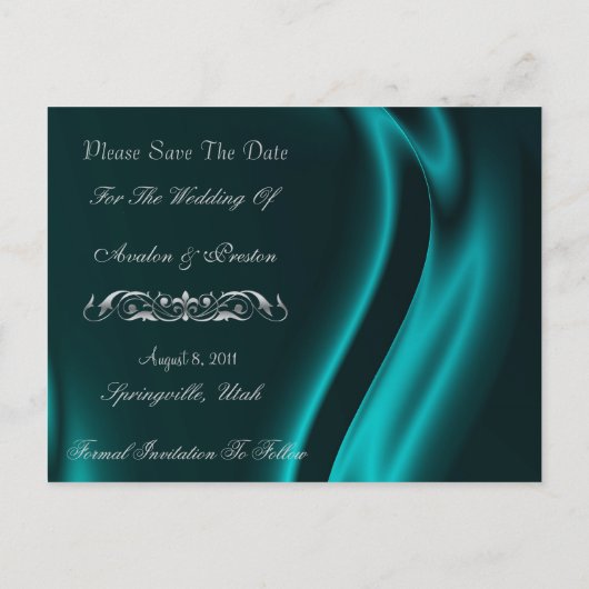 Markies Blauwgroen Silk Silver Save The Date Brief Aankondigingskaart (Achterkant)