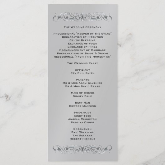 Markies Blauwgroen Silk Silver Wedding Programma Programmakaart (Achterkant)