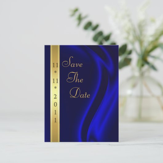 Markies Blue Silk Gold Save The Date Briefkaart (Staand voorkant)