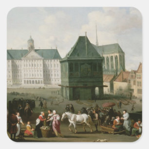 Marktscène voor het Dam-paleis in Amsterdam Vierkante Sticker