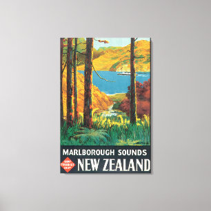 Marlborough Sound Vintage Travel Poster Canvas Afdruk