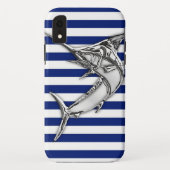 Marlin Fish Chrome on Nautical Stripes Case-Mate iPhone Case (Achterkant)