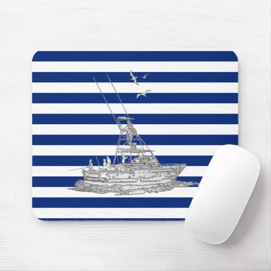 Marlin Fishing Chrome on Navy Stripes Muismat (Met muis)