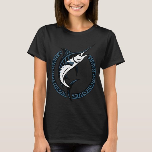 Marlin Ocean Strike – Blauwe Marlijn Springen op T-shirt (Voorkant)