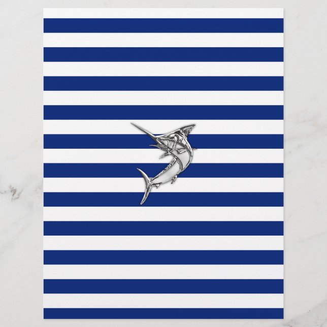 Marlin Szwaardvis Chrome Style op Nautical Stripes (Voorkant)
