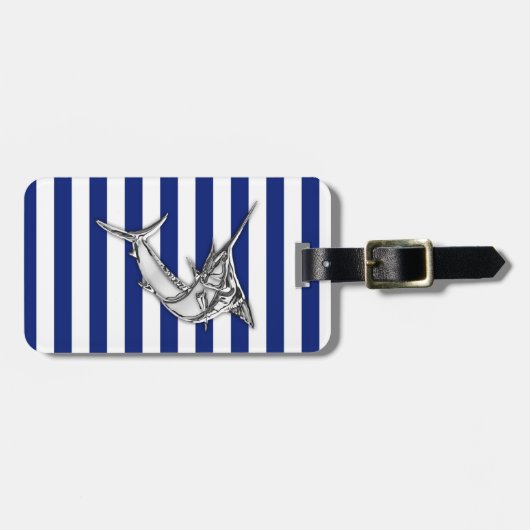 Marlin Szwaardvis Chrome Style op Nautical Stripes Bagagelabel (Voorkant horizontaal)
