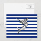 Marlin Szwaardvis Chrome Style op Nautical Stripes Briefkaart (Voorkant / Achterkant)