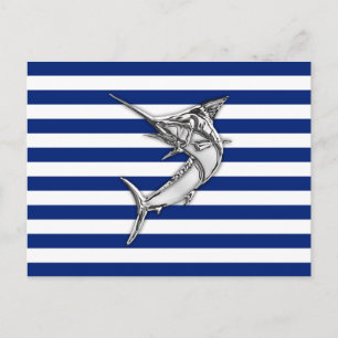 Marlin Szwaardvis Chrome Style op Nautical Stripes Briefkaart