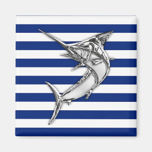 Marlin Szwaardvis Chrome Style op Nautical Stripes Magneet