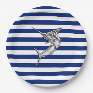 Marlin Szwaardvis Chrome Style op Nautical Stripes Papieren Bordje