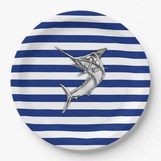 Marlin Szwaardvis Chrome Style op Nautical Stripes Papieren Bordje (Voorkant)