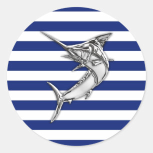 Marlin Szwaardvis Chrome Style op Nautical Stripes Ronde Sticker