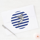 Marlin Szwaardvis Chrome Style op Nautical Stripes Ronde Sticker (Envelop)