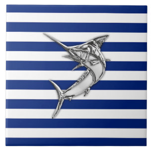 Marlin Szwaardvis Chrome Style op Nautical Stripes Tegeltje