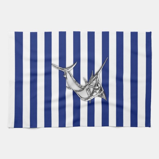 Marlin Szwaardvis Chrome Style op Nautical Stripes Theedoek (Horizontaal)